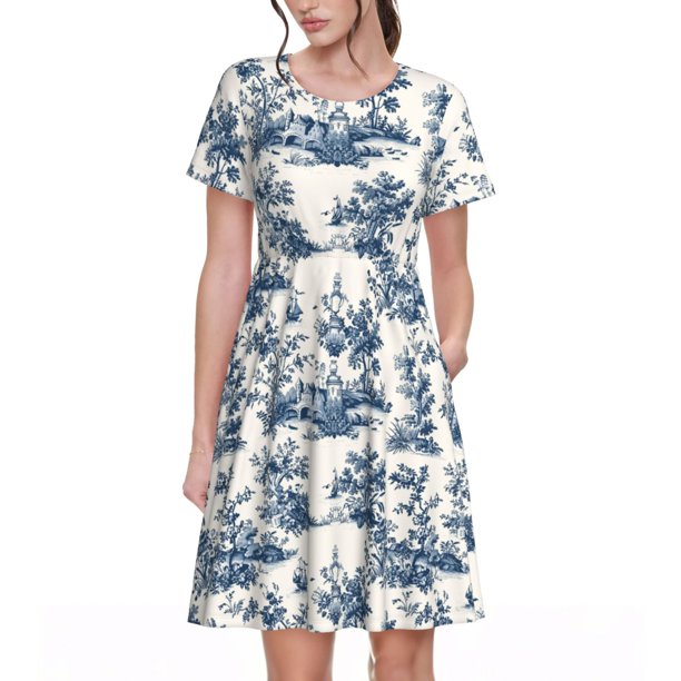 Easygdp Vintage Floral 1 para Vestido Transpirable de Mujer, Vestido Suelto de Manga Corta con Pliegues y Bolsillos para el Verano