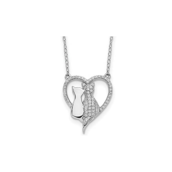 Sterling Silver Two Leaning Cats Heart Pendant Necklace with Cubic Zirconia (CZ)s and Chain for Women