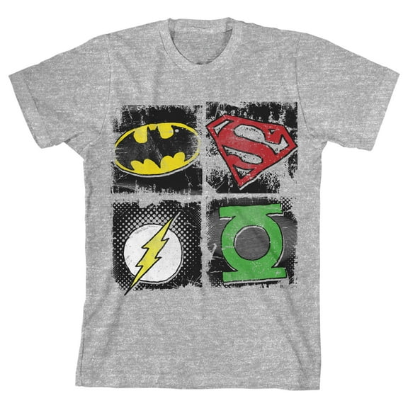 Justice League Superhero Logo Grid Boy's Athletic Heather T-shirt-Small