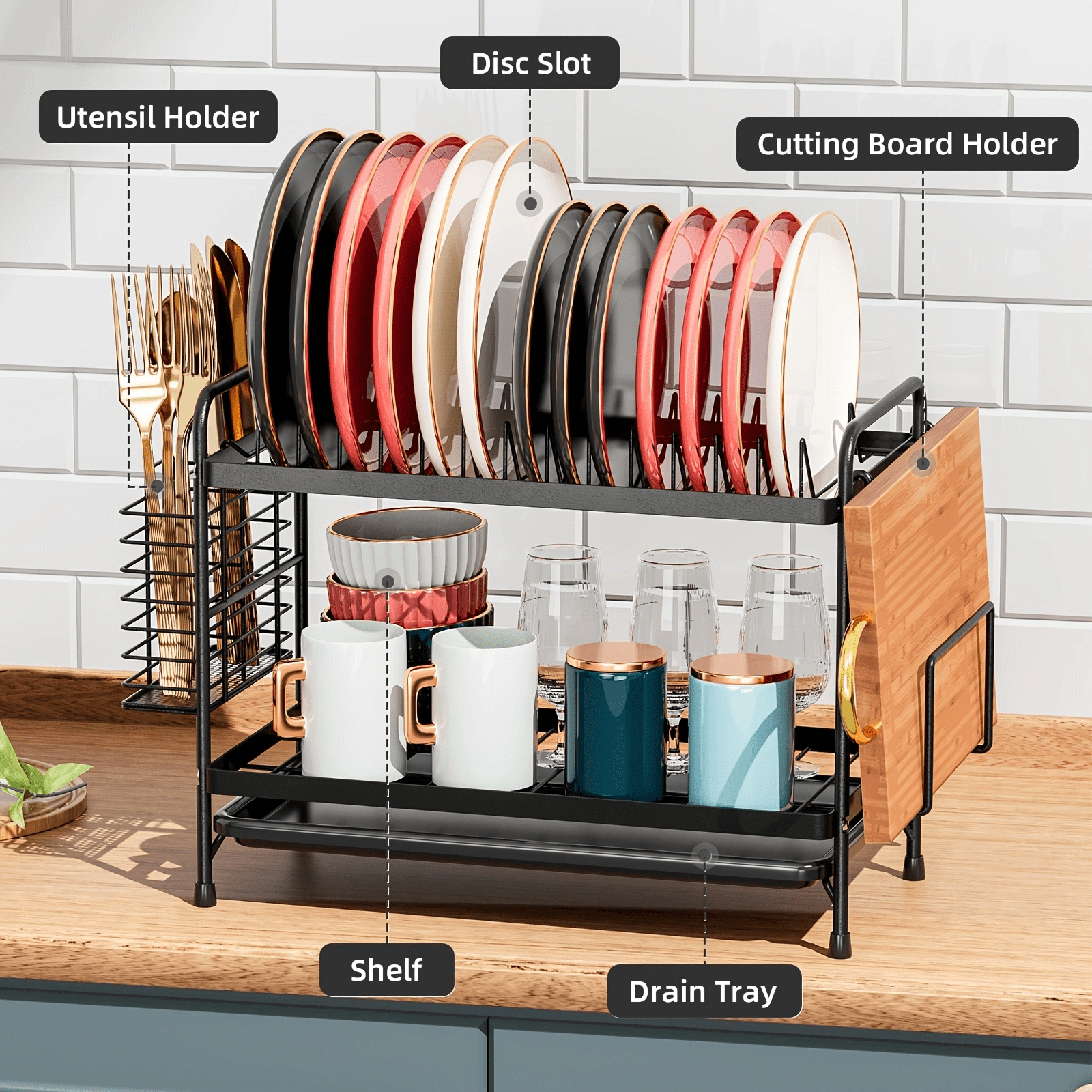 ​MAROAUO Dish Drying Rack 2-Tier Square with Utensil Holder and Drain Board, Sink Organizer, Kitchen Sink Dish Drainer, Black, 1pc, Standard Size​