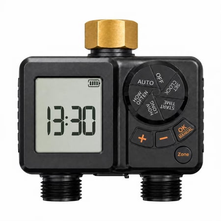 Rechargeable Battery Hose Water Timer, Programmable Sprinkler Timer with Rain Delay/Manual/Automatic Drip Irrigation System for Garden Yard, 2 Outlet