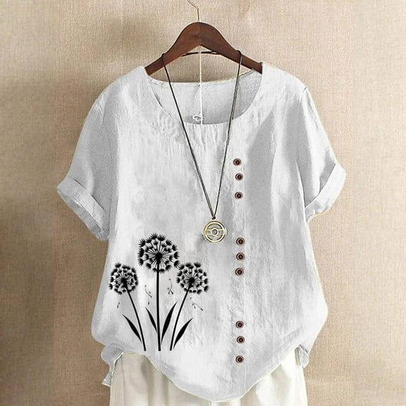 Loose Fit T-Shirts Women'S Cotton Linen Shirts Summer Casual Boho Floral Short Sleeve Blouse Oversized Loose Ladies Tunic Tops,White Women Blending Shirts 3XL