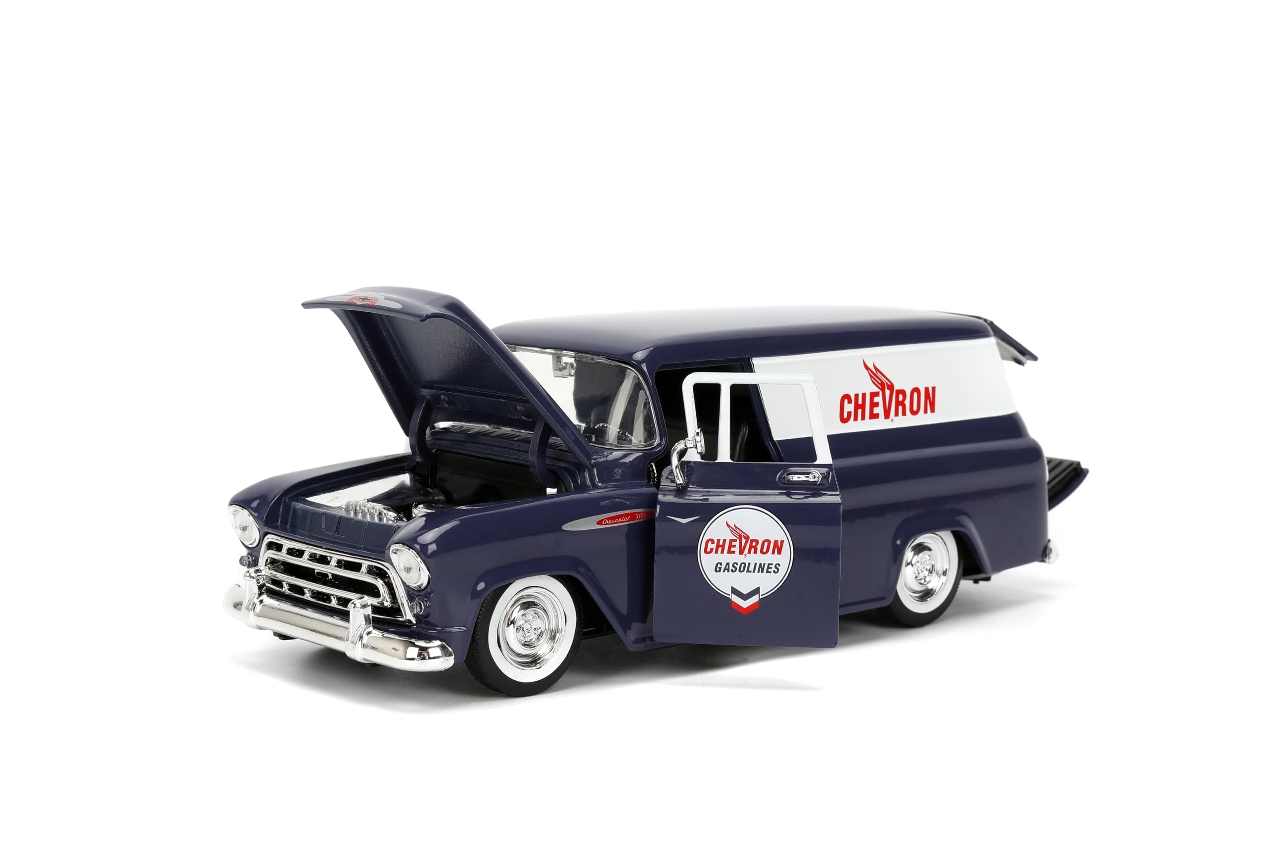Jada 35044 1957 Chevrolet Suburban Chevron Dark Blue with White Stripes & Chevron Gas Pump Just Trucks Series 1-24 Scale Diecast Model Car