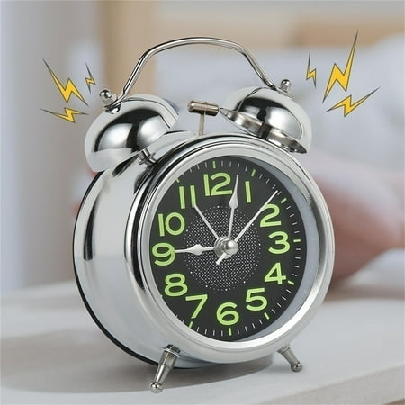 Loud Alarm Clock for Heavy Sleepers Adults,Twin Bell Retro 4 Inch Silent Non-Ticking Quartz with Backlight, Luminous dial, Alarm Clocks for Bedrooms Bedside (Silver)
