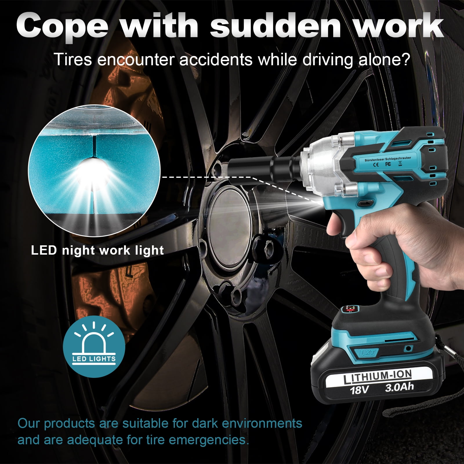 Cordless Impact Wrench Brushless 1/2-inch, 550Nm Max Torque, 3200RPM w/ 2x 3.0Ah Batteries & 6 Sockets - High Power for Car Repair, Home DIY