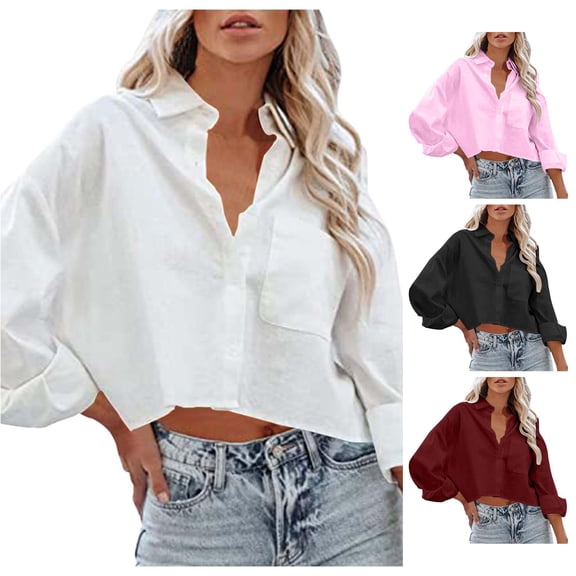 Tanghaowl Womens Tops Casual, Long Sleeve Crop Button Up Blouse Versatile Business Casual Top For Women White S