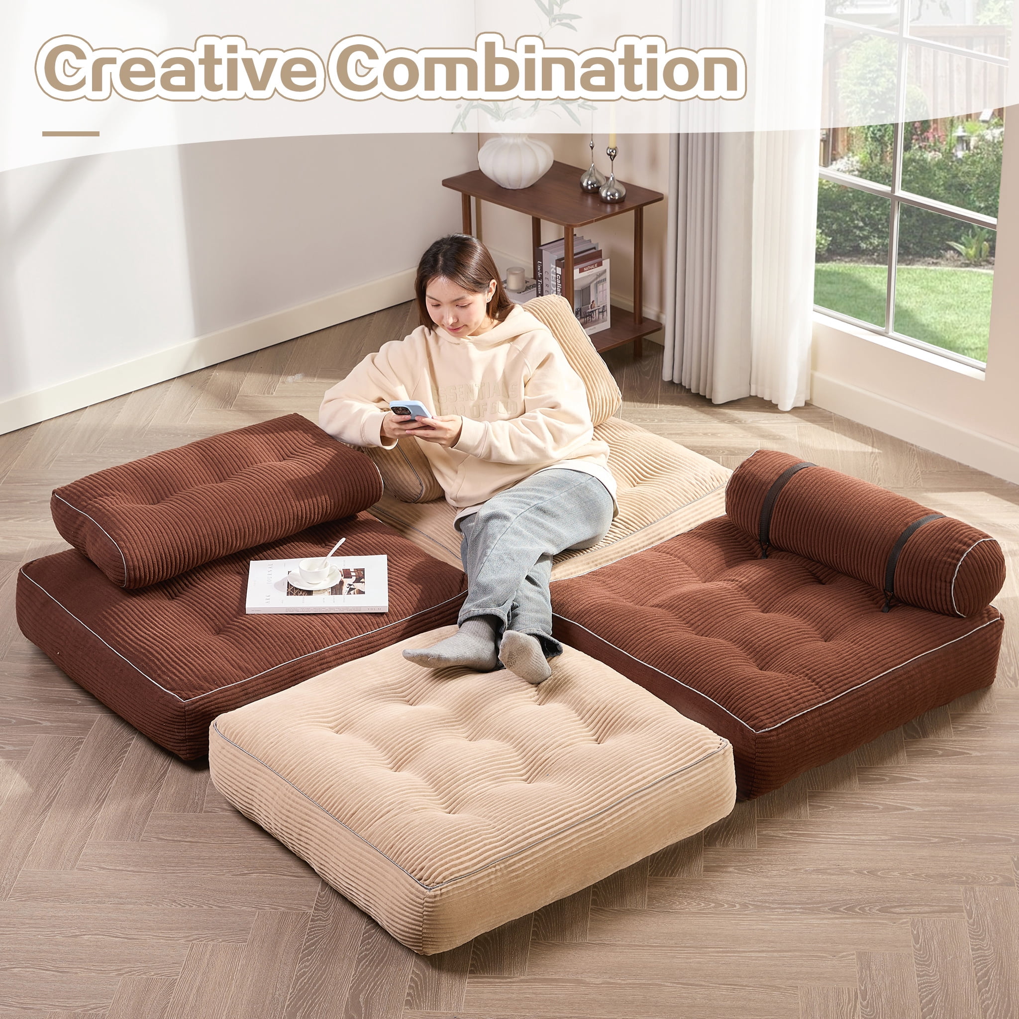 LAKPS Convertible Floor Sofa Bed, Corduroy Modular Lounge Chair with Backrest & Pillow, Folding Tatami Sofa Sleeper for Living Room, Bedroom, Dorm, Camel