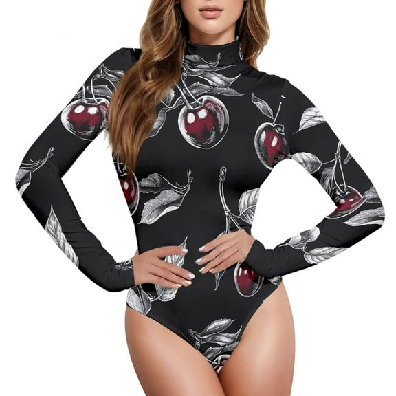 joogoo Cherry on Black Women's Mock Turtle Neck Long Sleeve Bodysuit L