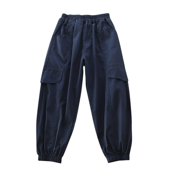 TEAJOPSUU Boys Cargo Pants Wide Leg Streetwear Kids Pants Elastic Waist Lightweight Outdoor Jogger Pants with Pockets 4-14 Years B-Navy