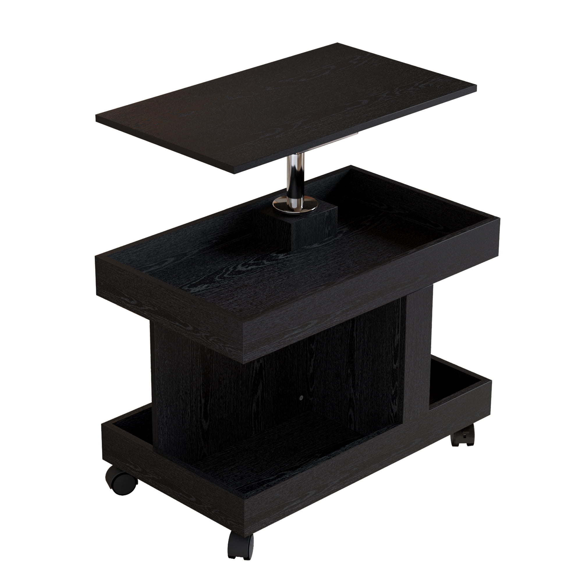 Small Coffee Table with Wheels and 360° Rotating Desktop, Rolling Side Table and Mobile End Table with Storage for Living Room Bedroom, Black