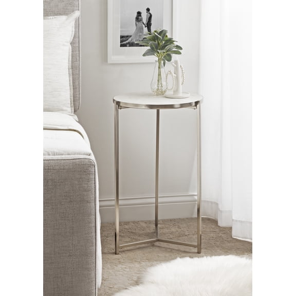 Kate and Laurel Aguilar Modern Round Side Table, 15 x 15 x 24, White and Silver, Genuine Marble Nightstand for Small Spaces and Living Room Decor
