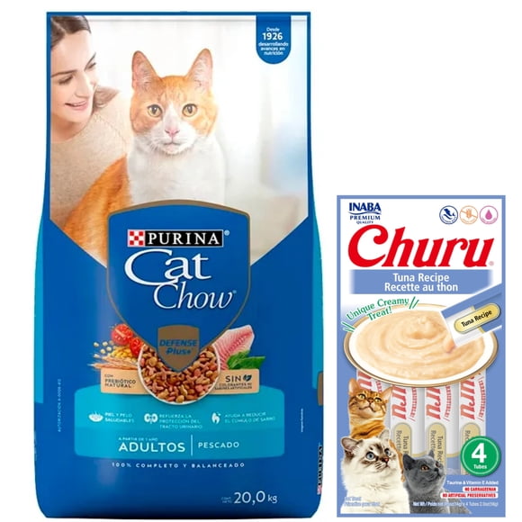 Cat Chow Adulto Pescado Defense Plus 20 kg + Churu Atún Sobre con 4 Tubos de 14 g
