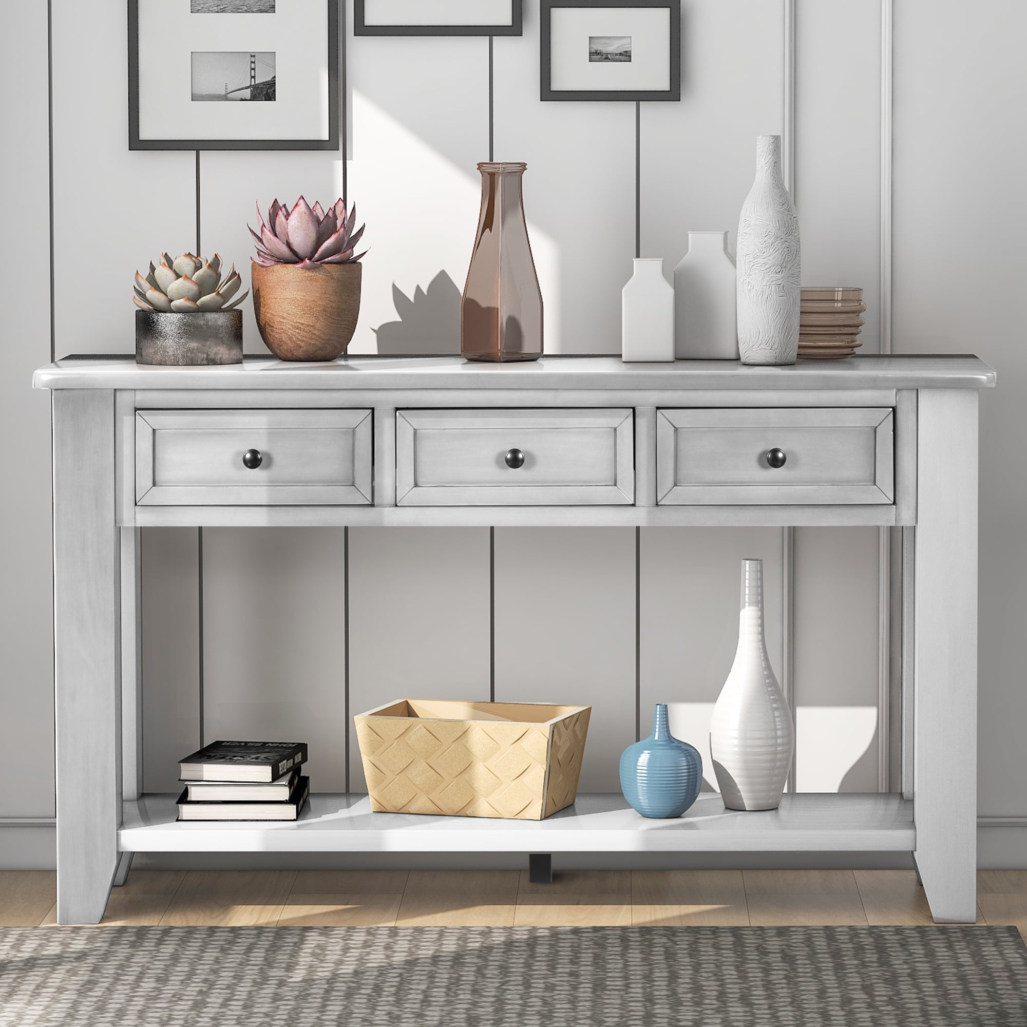 Console Table, Modern Narrow Side Table with 3 Storage Drawers and 1