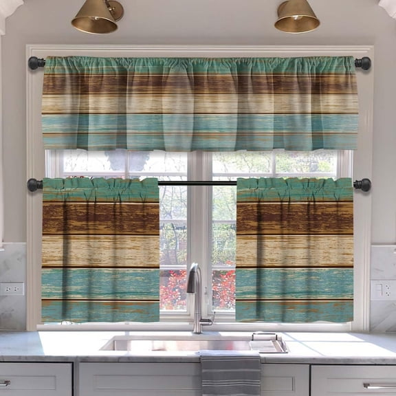 3 Pcs Farmhouse Retro Wooden Stripe Kitchen Curtain Sets Valances 52x18inches and Kitchen Curtains Tiers 27x39 inches for Kitchen Window Decor