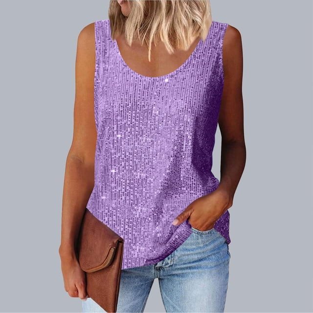 Hauts pour Femmes Mode Printemps et Été Décontracté Ample Uni Paillettes Col Rond Sans Manches Rose P