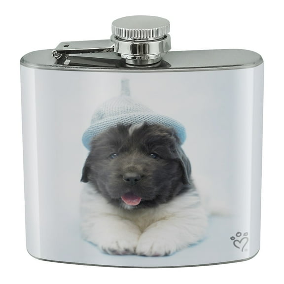 Newfoundland Puppy Dog Knitted Beanie Hat Stainless Steel 5oz Hip Drink Kidney Flask