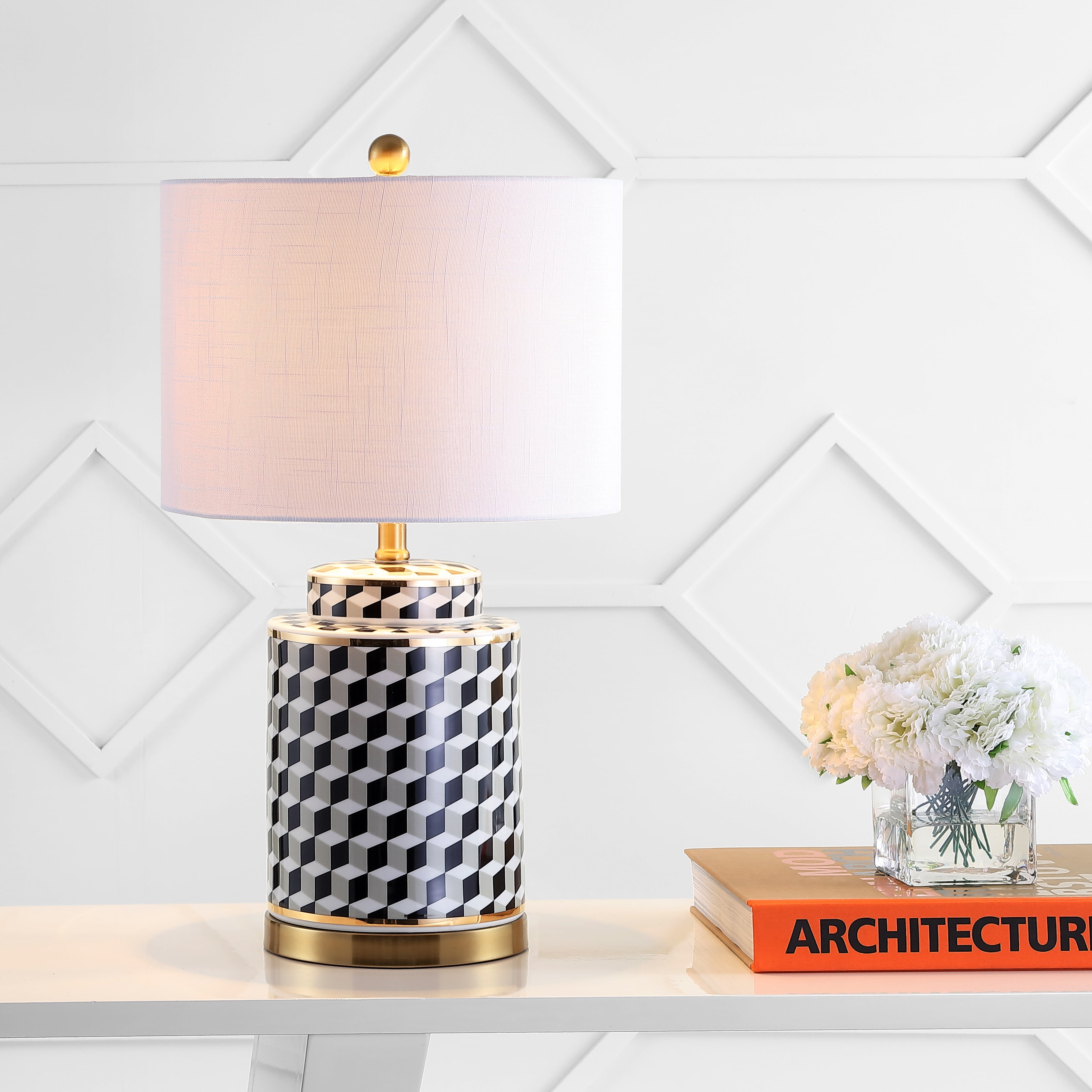 Ellie 24.5" Tumbling Block Ceramic/Metal LED Table Lamp, Black/White by JONATHAN Y