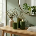 thumbnail image 3 of WYZworks Fluted Ribbed LED Pillar Candles, Loden Green, with Realistic Reflective Melted-Wax Effect – Flickering Flame, Remote, Dimmable, Flameless, Battery Operated, Home & Wedding Decor (Set of 3), 3 of 11