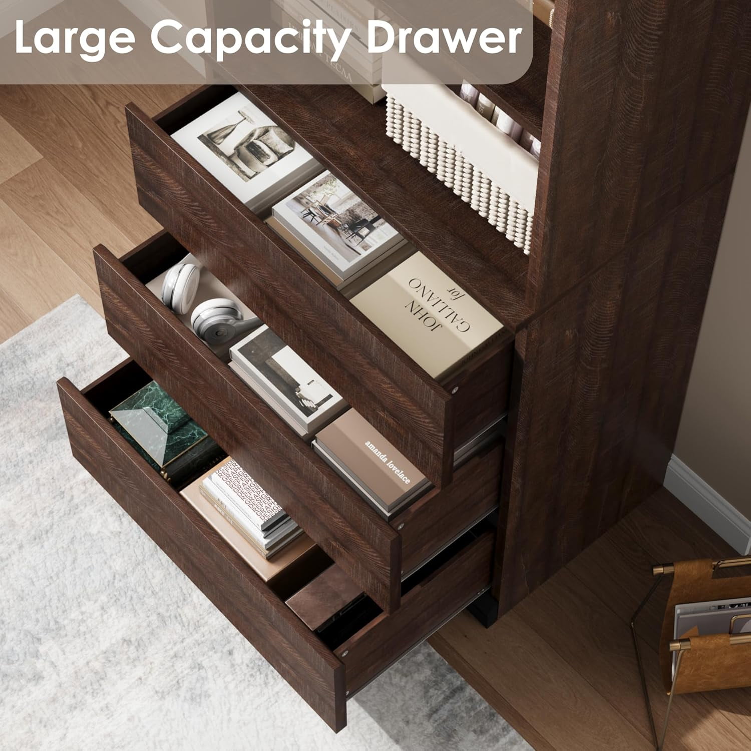 70" Modern Bookcase with Drawers: Deep Storage Organizer w/ 3 Shelves & 3 Cabinets for Home Office Library, Brown
