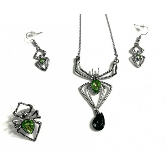 Spider Necklace, Ring & Earrings Set with Green Gems Gothic Halloween Jewelry