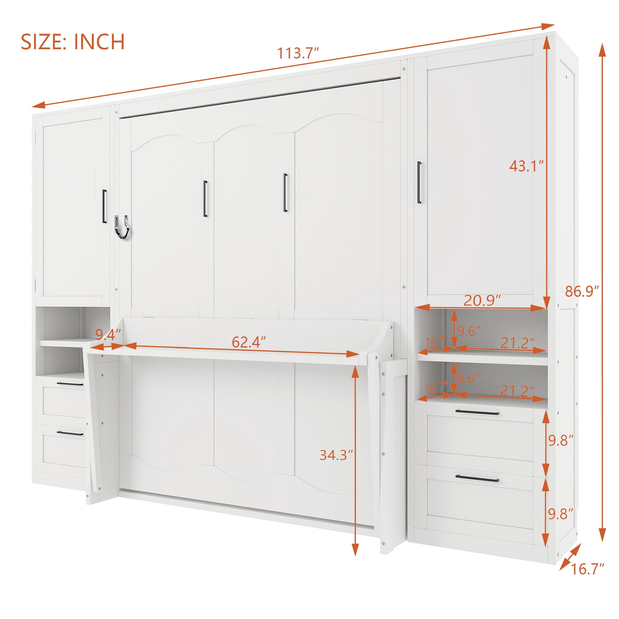 Queen Size Murphy Bed with 2 Closet, 4 Drawers and Open Shelves for Small Space, Guest Room