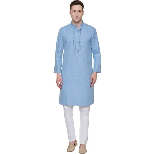 Kurta Longue pour Hommes Vêtements Indiens Robe en Coton Brodée Tenue Décontractée (Bleu Ciel, G)