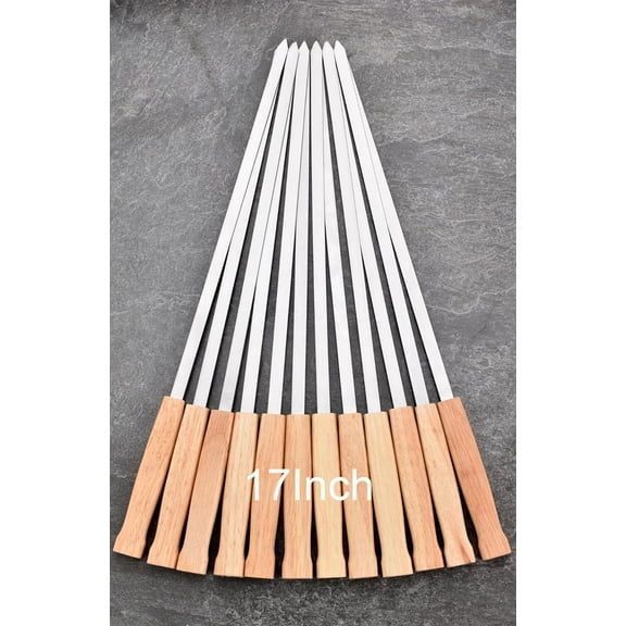 17-Inch Long Flat BBQ Skewers, HONSHEN Brazilian-style Stainless Steel 3/8 Inch Wide Blade with hardwood Handle barbecue skewers for Grilling Meat,Chicken,Shrimp,Vegetables-Set of 12