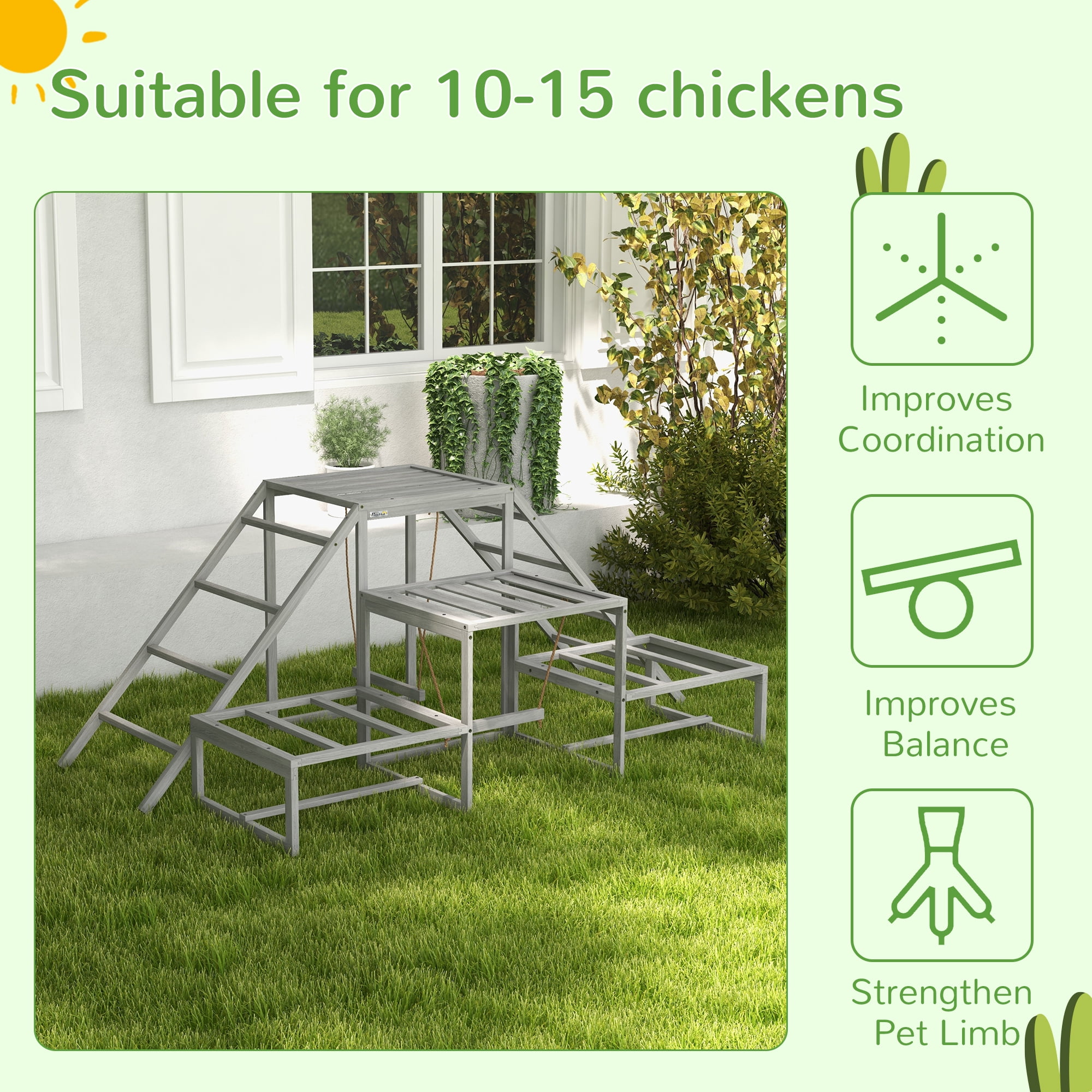 ZephyPaws Wooden Chicken Swing Set with Multi-Level Ladder, Swings, and Platforms for Chicken,Duck,Brown