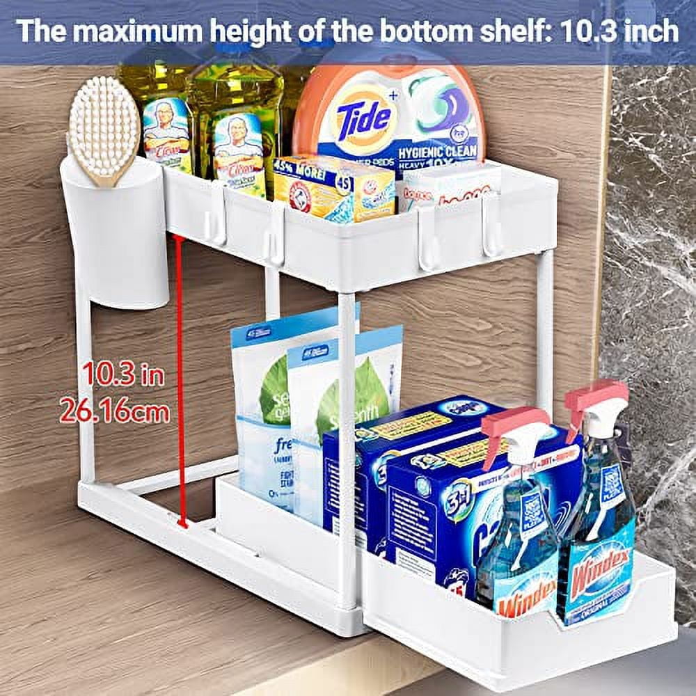 Puricon 1 Pack Under Sink Organizers and Storage Pull Out Sliding Drawer, 2 Tier Multi-purpose Kitchen Under the Sink Organizer Under Bathroom Sink Shelf Storage Rack for Countertop Laundry -White