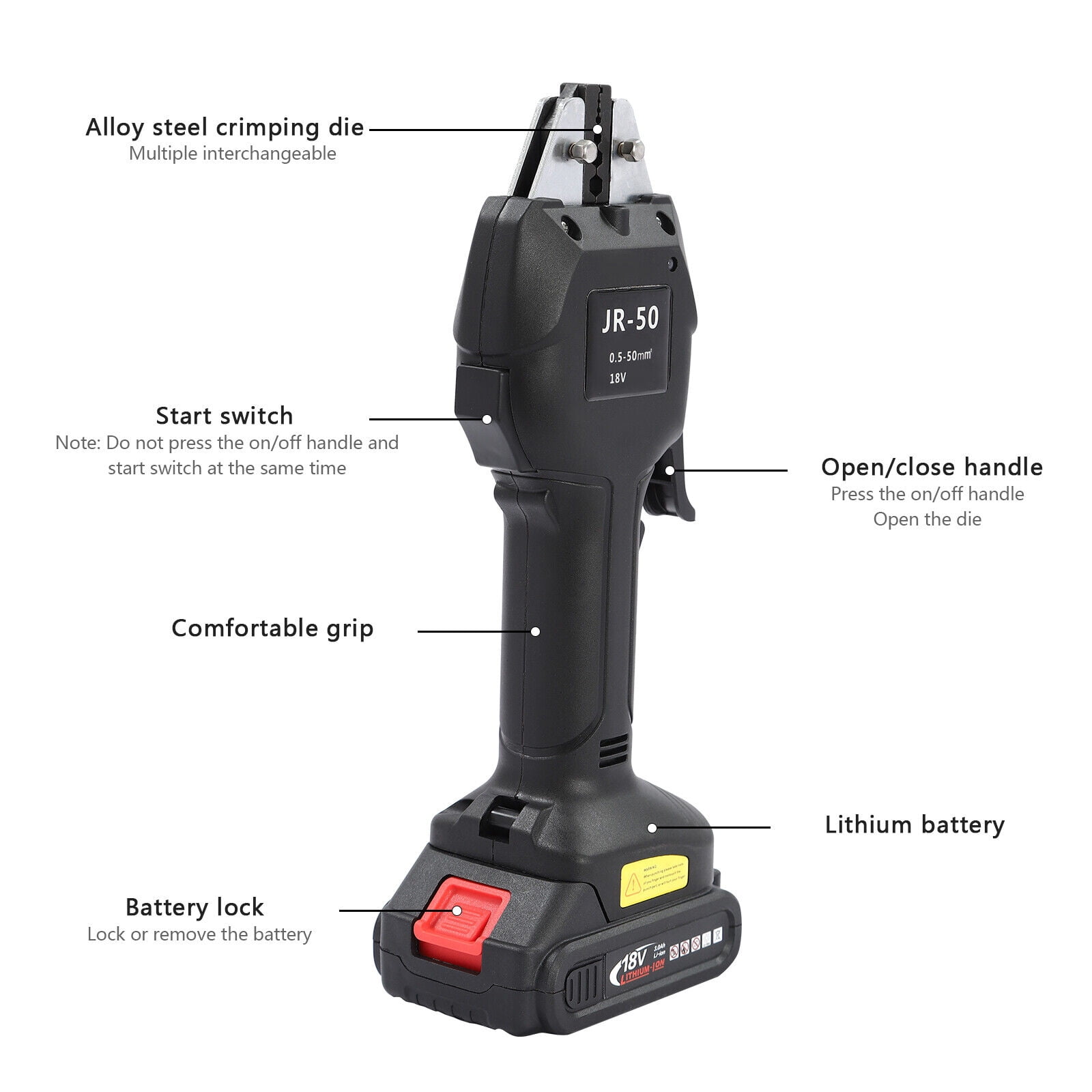 EW-50X Electric Crimping Pliers Terminal Crimping Tool Rechargeable DC 18V/3Ah Black