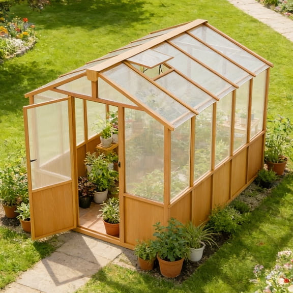 COOS BAY 6x8 FT Walk-in Wooden Greenhouse, Outdoor Plant House with Clear Polycarbonate Panels, Adjustable Vent and Solid Cedar Frame, Natural Cedar