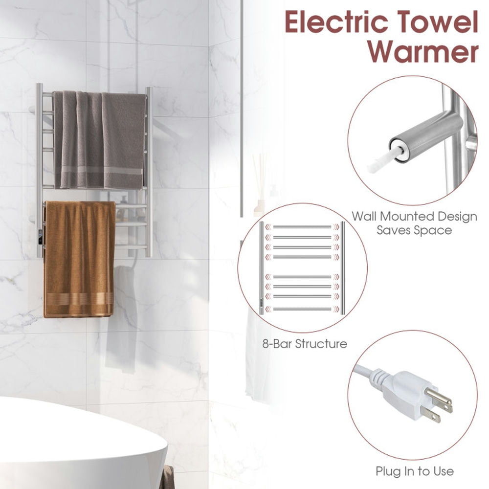 Finihen Wall Mounted Towel Rack, Electric Heated Towel Rack, Electric Towel Warmer Rack, for Bathroom, laundry Room, Silver