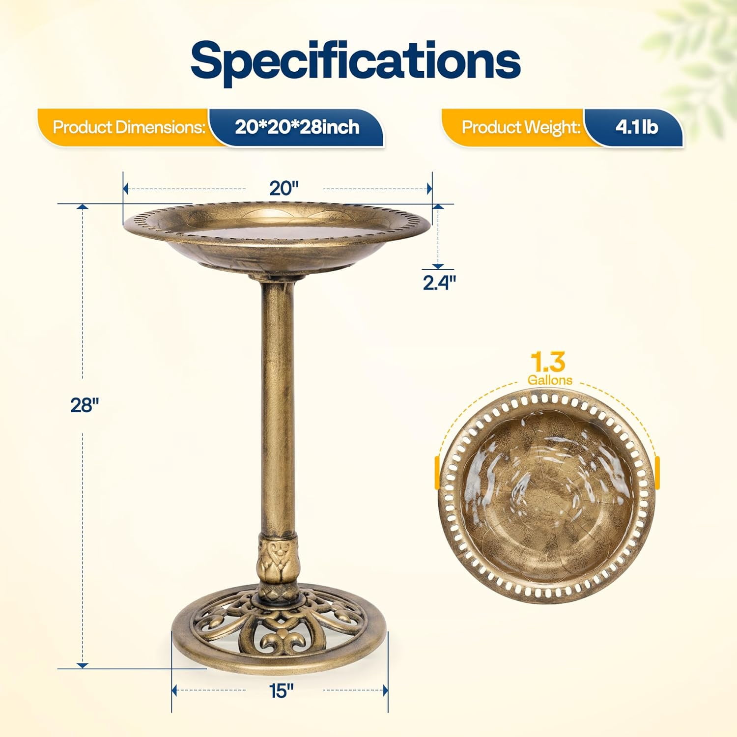 SPECSTAR Bird Bath, 28 inch Height Polyresin Lightweight Antique Outdoor Garden Birdbath Copper