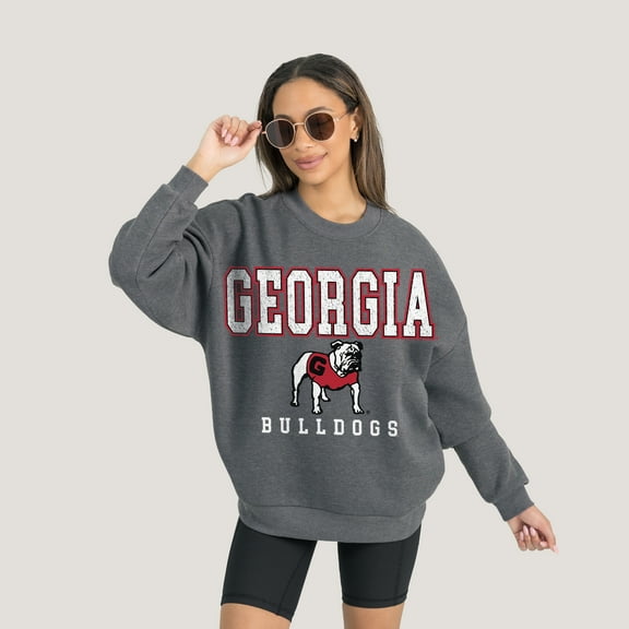 Women's Gameday Couture  Heather Charcoal Georgia Bulldogs Oversized Distressed Fleece Pullover Sweatshirt