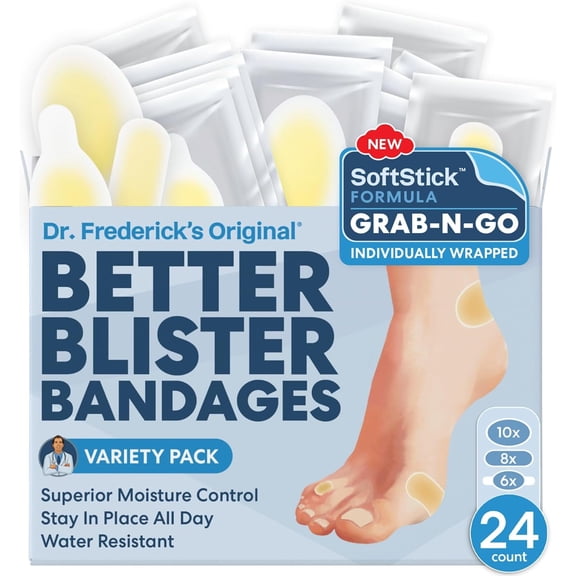 Dr. Frederick's Original SoftStick Better Blister Bandages - 24 ct - Extra Soft, Extra Stick - Grab-N-Go - Water Resistant Hydrocolloid Bandages for Blister Prevention - Variety Pack