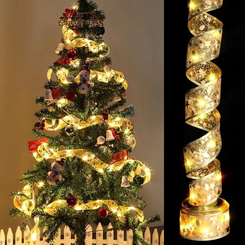100 LED Battery-powered Christmas Tree, Christmas Tree With 32 Feet Of Ribbon, Golden Wire Ribbon, Christmas Tree Decorations, Christmas Ribbon Lights