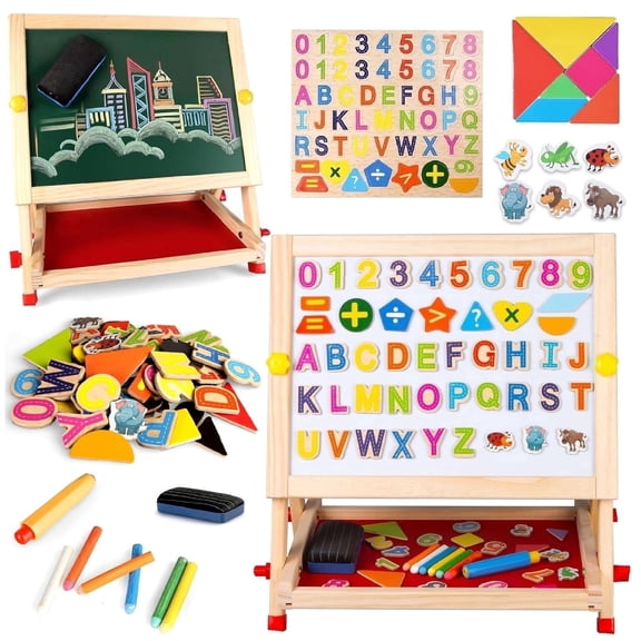 Ealing Kids Wooden Easel Double-Sided Tabletop Drawing Board Magnetic Whiteboard Chalkboard, with Letters Numbers  & Art Supplies, Preschool Learning Toys for  Boys Girls Ages 3 
