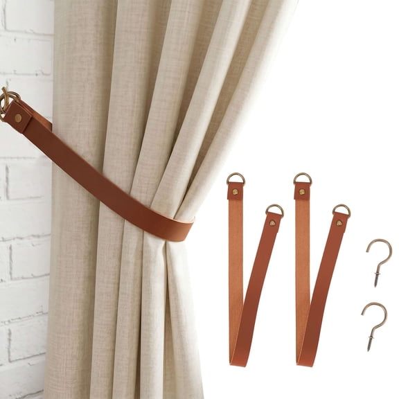 Deago Faux Leather Curtain Tie Backs Attach to Wall, Outdoor Drape Holder Holdbacks Tiebacks with Hooks for Home Offic Living Room Bedroom, Set of 2, Brown