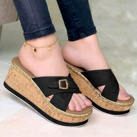 

HIBRO Summer Women s Slip-On Wedges Weave Beach Open Toe Breathable Sandals Shoes