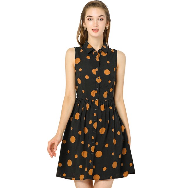 Vestido Camisero Sin Mangas Con Cintura Con Lazo Y Lunares Para Mujer Negro XL Unique Bargains Vestido