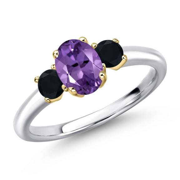 Gem Stone King 925 Silver and 10K Yellow Gold Purple Amethyst and Black Onyx Engagement Ring for Women | 1.01 Cttw | Oval 7X5MM | Gemstone February Birthstone | Size 7