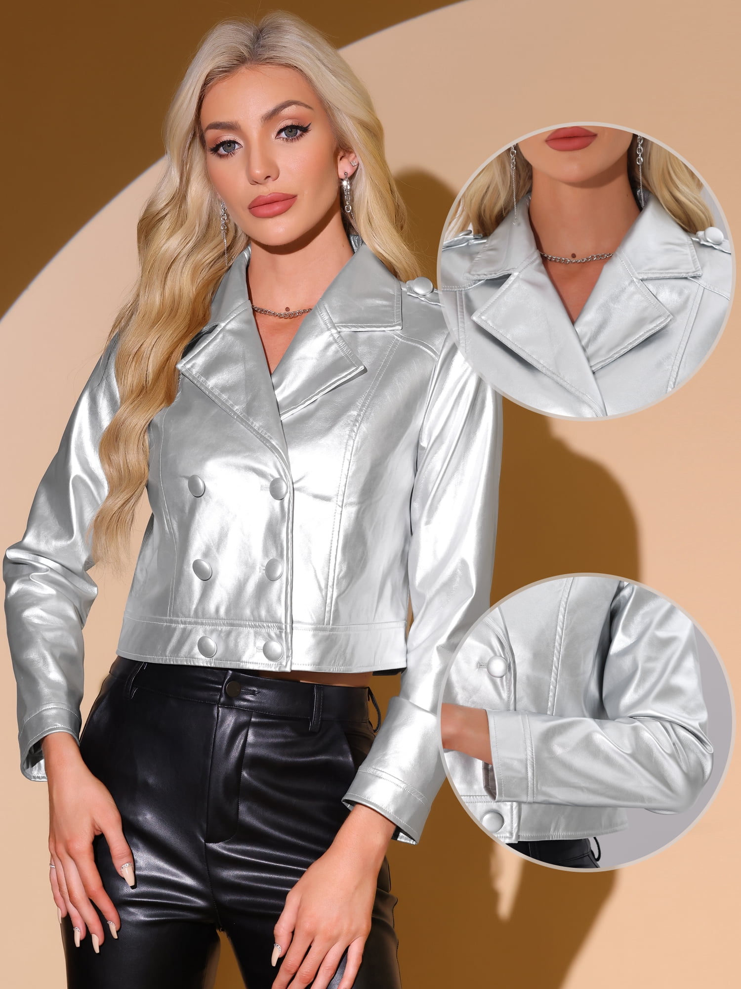 DARING DIVA Women's Metallic Jacket Double Breasted Notch Lapel Disco Party XS Silver