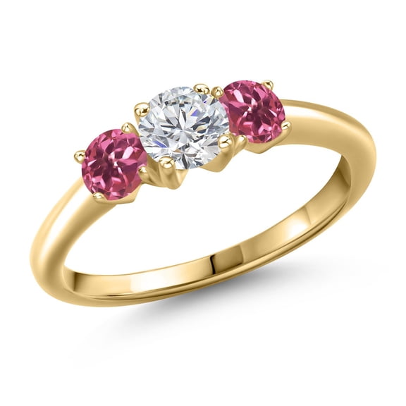 Gem Stone King 10K Yellow Gold Lab Grown Diamond and Pink Tourmaline Engagement Ring for Women | 1.00 Cttw | Round 5MM | Gemstone April Birthstone | Size 9