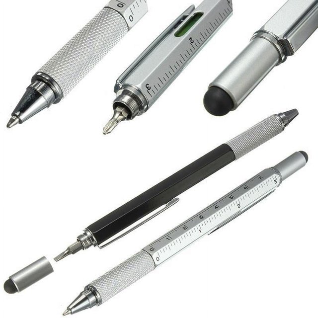 Bolígrafo de regalo para hombre, 4 piezas, 6 en 1, multiherramienta tecnológica, destornillador, regla, nivel, bolígrafo y recambios (plateado).