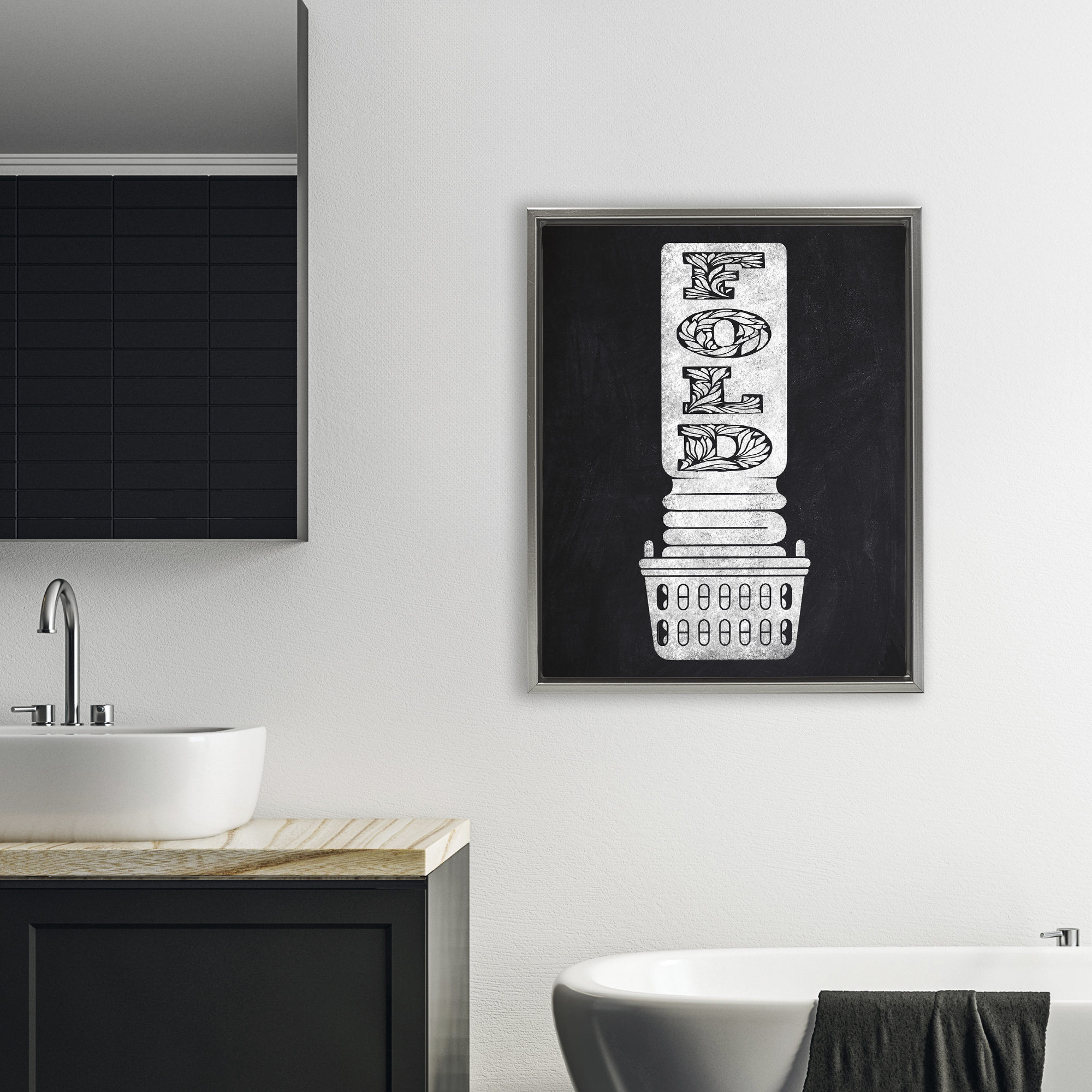 Laundry Fold Ornate Letters Gray Framed Floater Canvas Wall Art, design by Marcus Prime