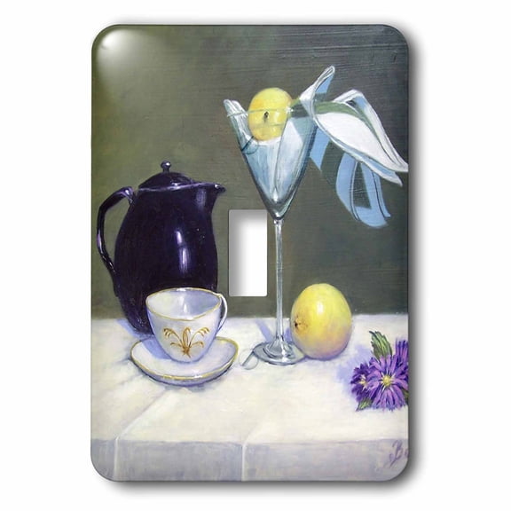 3dRose, Beautiful indigo tea pot, champagne glass, bright lemon, with white and gold cup and saucer, single toggle switch