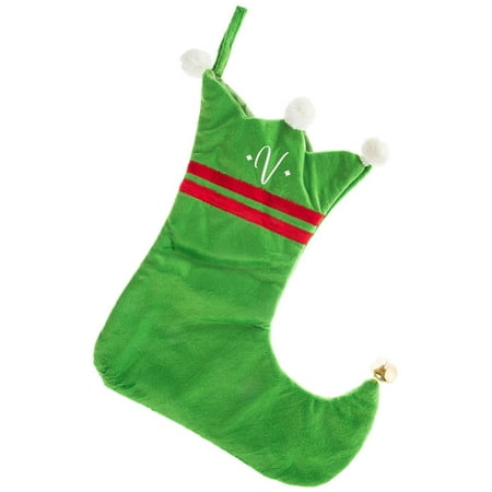 Elf Christmas Stocking Monogrammed Christmas Stocking, Green Elf Boot with White Script Embroidered Initial ()