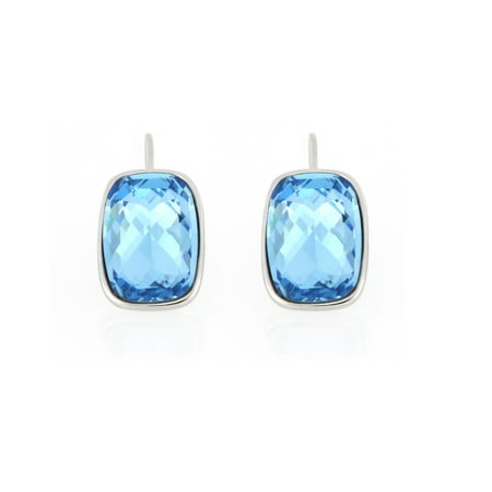925 Sterling Silver Elongated Cushion Lever back Blue Aquamarine Swarovski Crystal Earrings