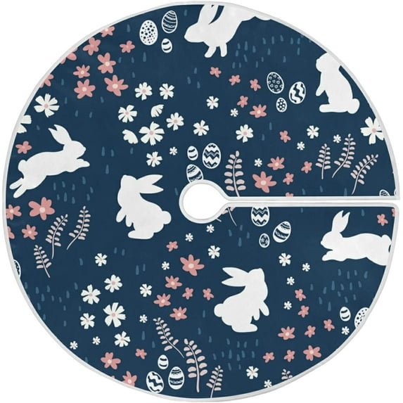 FMSHPON Easter Cute White Bunny Rabbit Easter Colorful Eggs Spring Flowers Xmas Christmas Tree Skirt Stand Mat for Holiday Party Decoration Indoor Outdoor 36 inches