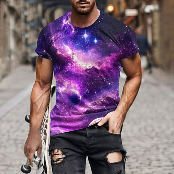 Mens Tops Plus Size under $5 Short Sleeved Galaxy Printed Round Neck T-shirt Multicolor XXL